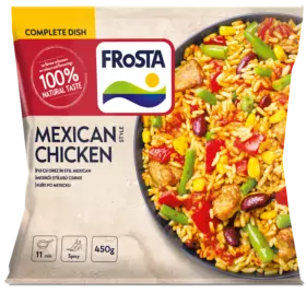 A FRoSTA mexikói csirke csomagban egy tálban rizs, csirke, bab, kukorica, zöldségek; 100%-ban természetes ízű; 450g; 11 perc főzési idő.
