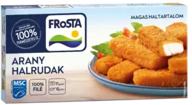 FRoSTA Arany Halrudak doboza ropogós halrudakkal kék tányéron, petrezselyemmel, paradicsommal és 100%-ban természetes MSC halat ábrázoló csomagolással.