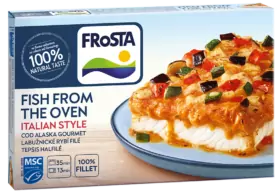 A FRoSTA Fish from the Oven, Italian Style doboza sült tőkehalat mutat zöldségekkel paradicsomszószban; kiemeli a 100%-ban természetes ízt és filét.