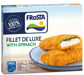 A FRoSTA Fillet De Luxe spenótos filé csomagolásán két panírozott filé, egy felvágott, valamint természetes íz és MSC címke látható.