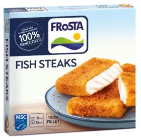 A FRoSTA Fish Steak dobozán panírozott filé látható egy tányéron, az egyiket felvágva; a csomagoláson 100%-os filé és MSC minősítés szerepel.