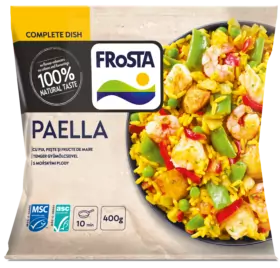 A FRoSTA Paella csomag sárga rizs csirkével, tenger gyümölcseivel, borsóval, paprikával; 100% természetes ízű, 400g, MSC és ASC logóval.