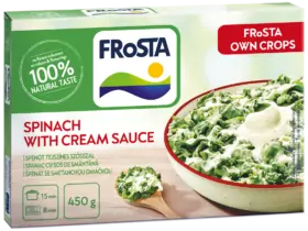 Egy doboz FRoSTA spenót krémmártással, 100%-ban természetes ízű, 450g, 8 perc alatt elkészül. A csomagoláson látható tál krémes spenót.