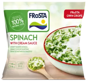 FRoSTA spenót krémmártással csomag, tál és kanál krémes FRoSTA spenót, 100%-ban természetes ízű, 9 perc alatt elkészül.