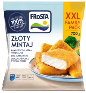 A FRoSTA Złoty Mintaj halfilé XXL családi csomag, 700 g-os csomagban rántott filé fehér hal belsejével és brokkolival.