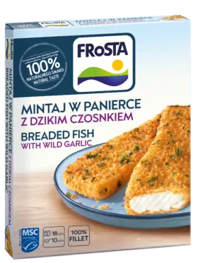 Egy doboz FRoSTA rántott hal vad fokhagymával. A FRoSTA csomagolásán két filé, lengyel és angol nyelvű részletek, kék-fehér kivitelben.