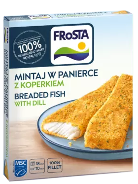 A FRoSTA kapros rántott hal doboza, két aranyszínű filét ábrázol kék tányéron, lengyelül és angolul "100% természetes íz" felirattal.
