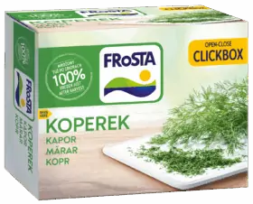 Egy doboz FRoSTA fagyasztott kapor, lengyelül "Koperek" felirattal, apróra vágott kaporral egy deszkán. 100%-ban természetes, Open-Close Clickbox csomagolásban.