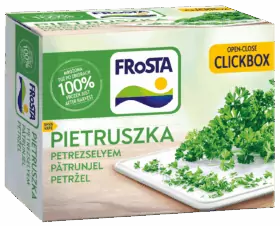Egy doboz FRoSTA fagyasztott petrezselyem (Pietruszka) vágódeszkán apróra vágott petrezselyemmel, 100%-ban természetes, nyitható-zárható kattintós doboz.