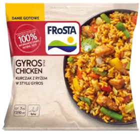 Egy csomag FRoSTA Gyros Style Chicken rizzsel, zöldségekkel és csirkével. Címke: fűszeres, 7 perc alatt kész. Lengyel és angol nyelvű szöveg.