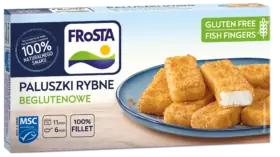 Egy doboz FRoSTA gluténmentes halrudacskák, kék tányéron aranyszínű FRoSTA halrudacskákkal; 100% természetes, 100% filé, MSC.