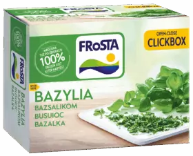 Egy doboz FRoSTA fagyasztott bazsalikom friss és apróra vágott bazsalikom képeivel, többnyelvű szöveggel, ClickBox, és 100%-ban frissen fagyasztva a betakarítás után.
