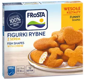 A sajtos FRoSTA halformák doboza a panírozott FRoSTA haldarabokat mutatja vicces formákban egy tányéron. Kék-sárga csomagolás, lengyel/angol szöveg.
