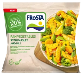 Egy zacskó FRoSTA Pan Vegetables with Parsley & Dill, vegyes zöldségek a képen, 100%-ban természetes ízű és 7 perc alatt kész.