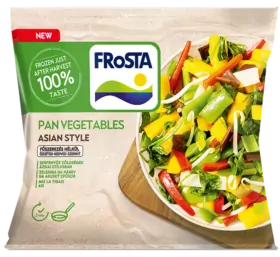 Egy csomag FRoSTA Palacsinta zöldség ázsiai stílusban, vegyes zöldségekkel és 100%-os ízesítéssel, FRoSTA fagyasztva közvetlenül a betakarítás után.