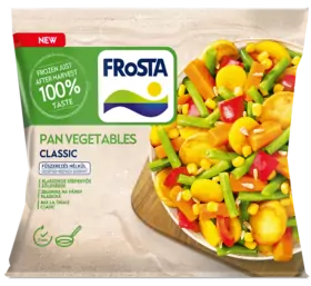 Egy csomag FRoSTA Pan Vegetables Classic egy tál vegyes zöldséggel, a frissesség és a 100%-os FRoSTA íz érdekében felcímkézve.