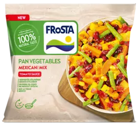 Egy zacskó FRoSTA Pan Vegetables mexikói mix paradicsomszósszal, vegyes zöldségekkel és babokkal. 100%-ban természetes ízű, adalékanyagok nélkül.