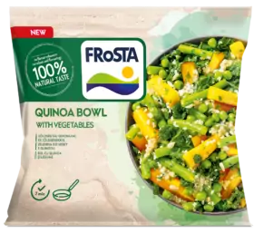 A FRoSTA Quinoa Bowl zöldségekkel borsót, zöldbabot, sárgarépát és quinoát tartalmaz; 100% természetes íz és 7 perces előkészítés a csomagoláson.