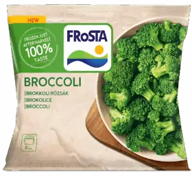 FRoSTA fagyasztott brokkoli csomagolása friss virágokkal, az előlapon 100%-os ízesítéssel és a "brokkoli" felirattal több nyelven.