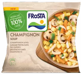 Egy FRoSTA Champignon leves keverékcsomag egy tál zöldséggel, "100% íz", "FRoSTA fagyasztott közvetlenül a betakarítás után", 10 perces főzési idő.