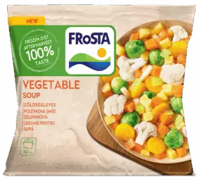 Egy csomag FRoSTA Zöldségleves sárgarépával, borsóval, karfiollal, zellerrel és kukoricával; kiemeli a 100%-os ízt és a FRoSTA fagyasztott frissességét.