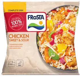 Egy csomag FRoSTA csirke édes-savanyú fagyasztott étel rizzsel, csirkével, zöldségekkel. Kiemeli a 100% természetes ízt, 9-10 perc alatt elkészül.